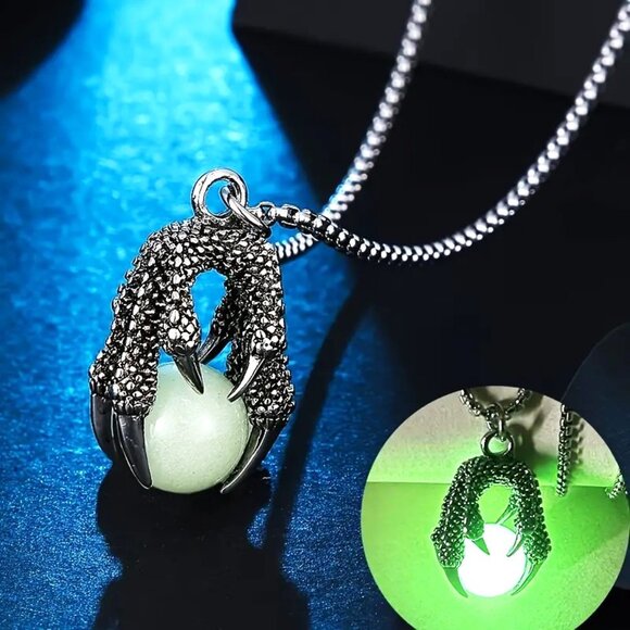 Luminous Dragon Claw Pendant Necklace Stainless Goth Punk Orb Glows Heavy Chain - Picture 1 of 4